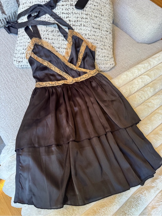 Nasty Gal Dresses & Skirts - Nasty gal black satin lace trim tie strap mini dress